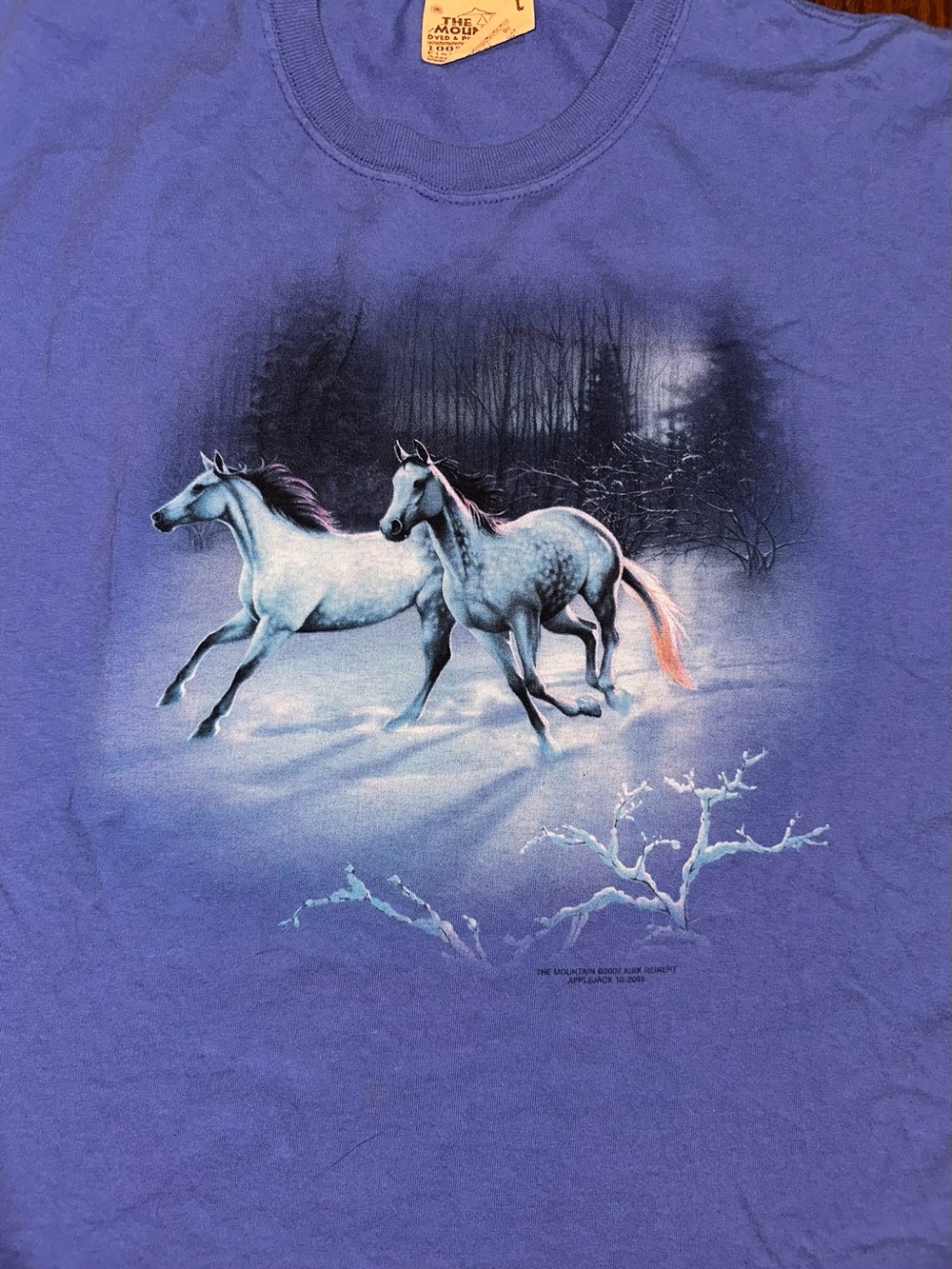 Vintage Y2K Large The Mountain Blue Graphic Short Sleeve Horse Shirt
